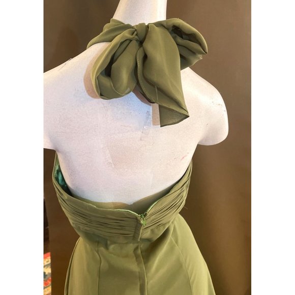 Olive Green Formal Dress Tie-back Shelf Bra Evening Gown Small Train - Picture 6 of 13
